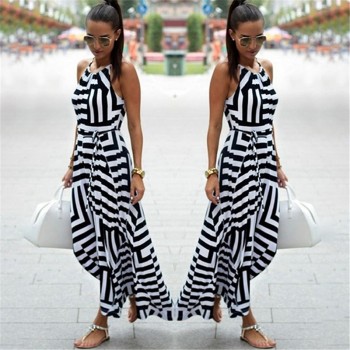 Dress Boho Striped Sleeveless Maxi Long Dress Beach Style Strap Sundress Black and White